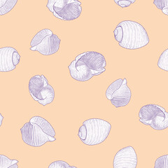 Seamless background of sketches various  decorative seashells