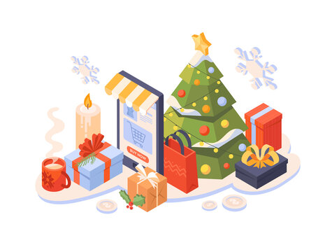 Concept of happy holidays. Shop next to tree and gifts. Winter holidays and rest. New year and Christmas, traditions and religion. Online shopping, internet. Cartoon volumetric vector illustration