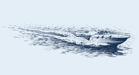 Sketch of river boat going at high speed on water surface - 487868698