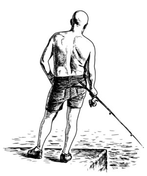 Hand drawing of a fisherman in shorts with fishing rod standing alone on river embankment