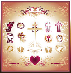 set of religious christian, catholic symbols gold and red color on a square background, church, easter