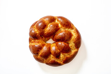 Easter greek tsoureki braid, sweet bread brioche overhead isolated on white