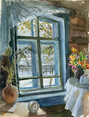 Watercolor drawing of  retro interior of country house with bouquets of flowers on table, alarm clock and winter landscape outside  window - 487868830
