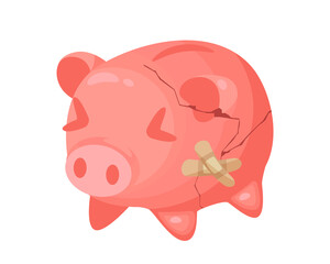 Broken piggy bank money. Crisis, losses, bankruptcy concept. Negative statistics.