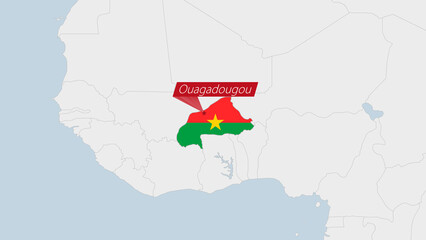 Burkina Faso map highlighted in Burkina Faso flag colors and pin of country capital Ouagadougou. - obrazy, fototapety, plakaty