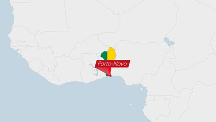 Benin map highlighted in Benin flag colors and pin of country capital Porto-Novo.