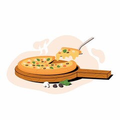 Italian pizza with slice on knife. Pizza with champignon mushrooms, cherry tomatoes, olives, basil and cheese on a wooden board. Trandy vector illustration