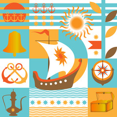Fototapeta premium Seamless geometric marine pattern with sailboat.
