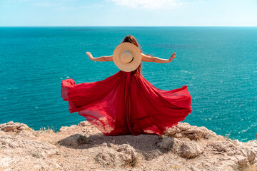 Woman Rear view in Red Flying Dress Fluttering on Wind, Girl in Waving Gown on Sundown Sea