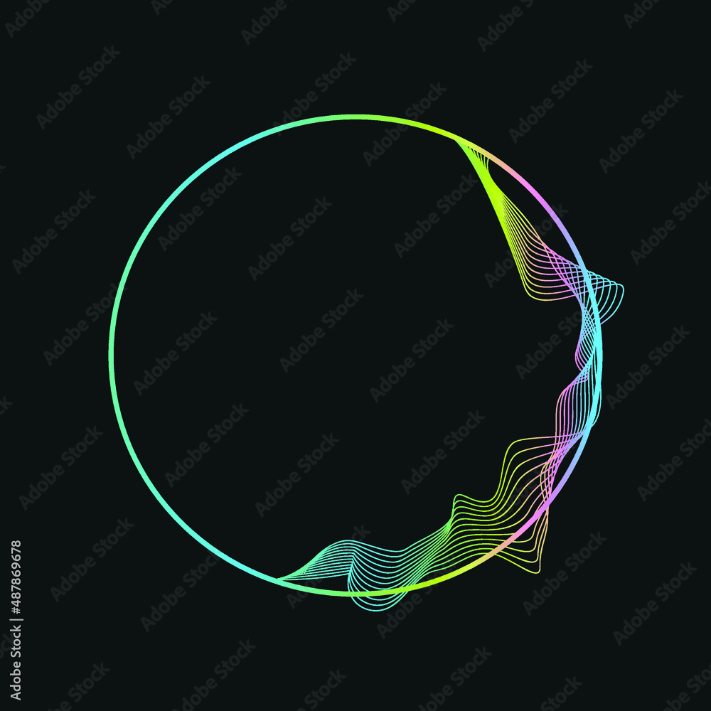 Poster abstract circles lines wavy in round frame colorful rainbow on black background