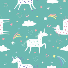 Seamless vector pattern with white unicorns, clouds and rainbows on a blue background. Vector illustration for children.