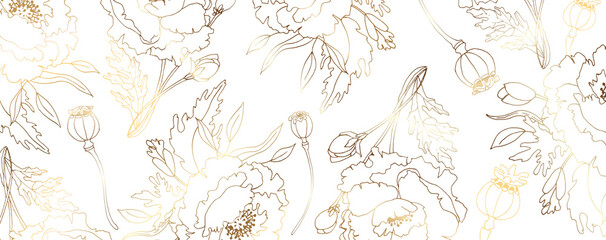 Luxurious golden wallpaper. Banner with golden poppies. Golden line art. Bright flowers and branches. vector file