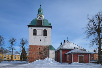 Medieval Lutheran cathedral in Finnish Porvoo: old town, sunny winter day, in Europe.