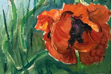 Red poppies in the flowerbed art painting