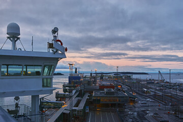Passenger port in Finnish capital Helsinki Terminal 2 West: dusk, autumn morning, viewed from...