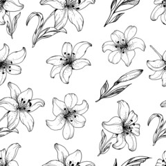 Seamless floral background line art with lily flowers and leaves pattern illustration. Monochrome vector file