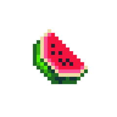Obraz premium Watermelon piece pixel art icon, fruit logo. Game assets 8-bit sprite. Design for stickers, web, mobile app. Isolated vector illustration.