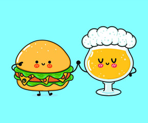 Cute, funny happy hamburger and beer. Vector hand drawn cartoon kawaii characters, illustration icon. Funny cartoon hamburger and beer mascot character concept