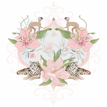 Tropical floral print with tigers and monkey oriental vector Image