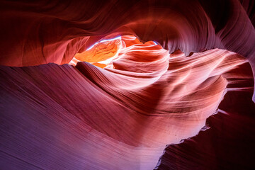 Lower Antelope Canyon abstract light on the orange/red sandstone in a slot canyon formed by water in Page, Arizona