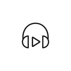 black headphones with play sign. Flat vector earphones icon isolated on white.