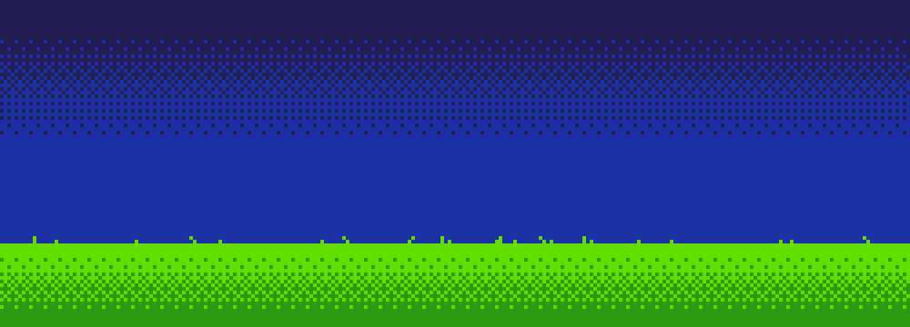 Pixel landscape background with green grass. Vector retro illustration