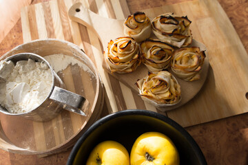 Roses from apples in the oven, a delicious dessert for tea and for breakfast.