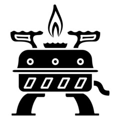 Gas portable stove for tourists. Curved dish stand. Outdoor cooking appliance, camping, gas equipment. Gas stove design.  Vector icon, glyph, isolated