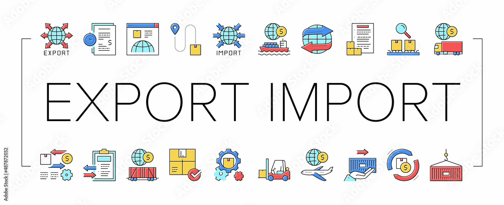 Aufkleber export import logistic collection icons set vector .