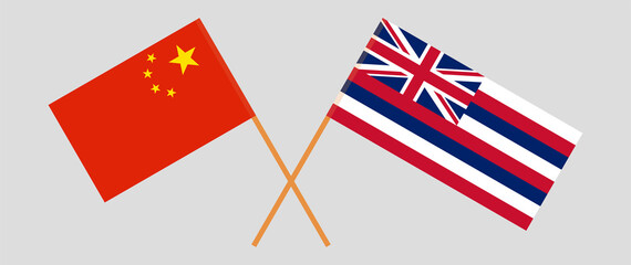 Crossed flags of China and The State Of Hawaii. Official colors. Correct proportion