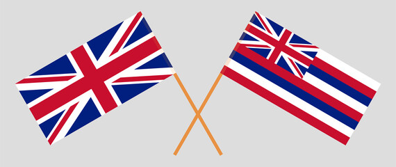 Crossed flags of United Kingdom and The State Of Hawaii. Official colors. Correct proportion