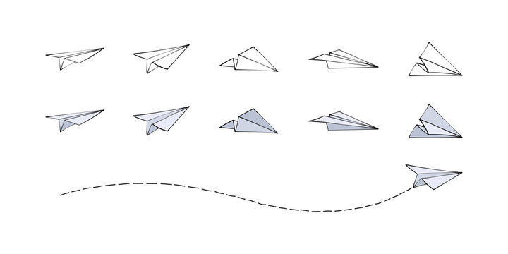 Paper Plane Doodle Icon Set. Airplane Folded Hand Drawn Collection.