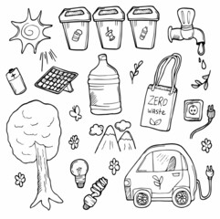 Doodle ecology set. Hand drawn design vector illustration, ecology problem and green energy icons in doodle style, for graphic and web design. Earth day concept