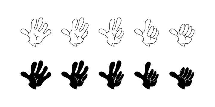 Hand number cartoon style set. Finger counting palm symbol collection.