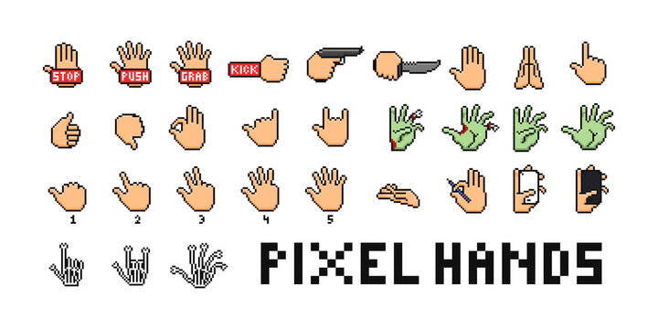 Hand gesture pixel art set. Video gme interface element. Human, zombie and skeleton palm press and point button collection.