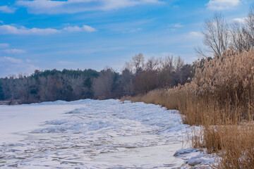 Bank of a frozen river on a clear winter day.