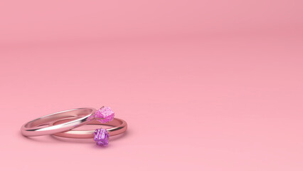 Two rings with precious stones diamonds on pink background, 3d illustration