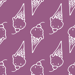 a pattern of a waffle ice cream cone with a cherry on top on purple. seamless pattern of cherry berry ICE cream, hand-drawn in the style of doodles with a white isolated line on purple for a summer de