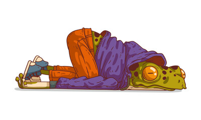 Burnout. Humanized frog in depression, vector illustration. Tired anthropomorphic frog, lying powerless on the ground, with his hands by his sides. Animal character with human body