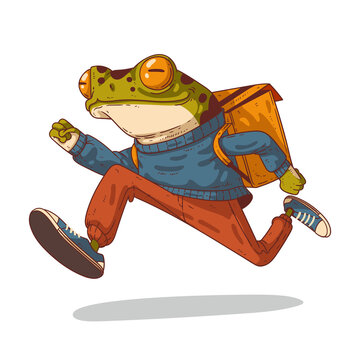 Food delivery guy, vector illustration. Humanized courier frog. Enthusiastic anthropomorphic frog with a backpack, running in a hurry to deliver an order. An animal character with a human body