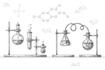 Sketch of objects of a chemical laboratory. Glassware for a chemical experiment. Vector pharmaceutical flasks, beakers and test tubes. - 487875006