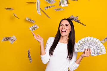 Photo of young excited lady wealthy profit investment salary earnings isolated over yellow color...