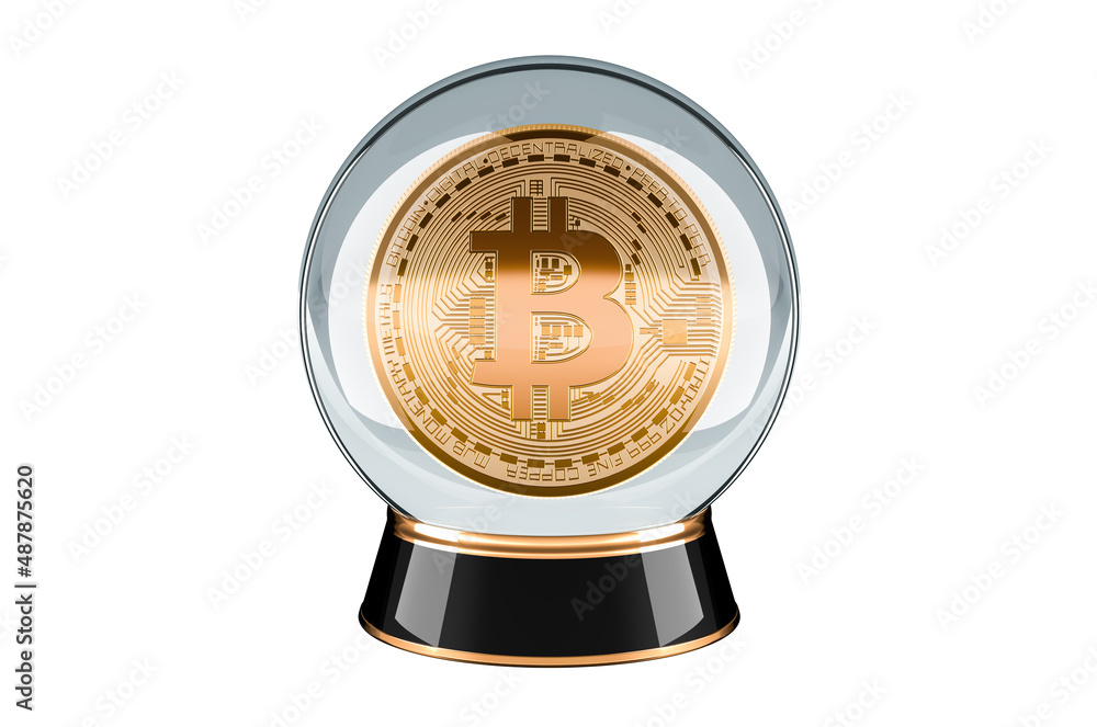 Poster bitcoin price prediction concept. crystal ball with bitcoin inside. 3d rendering