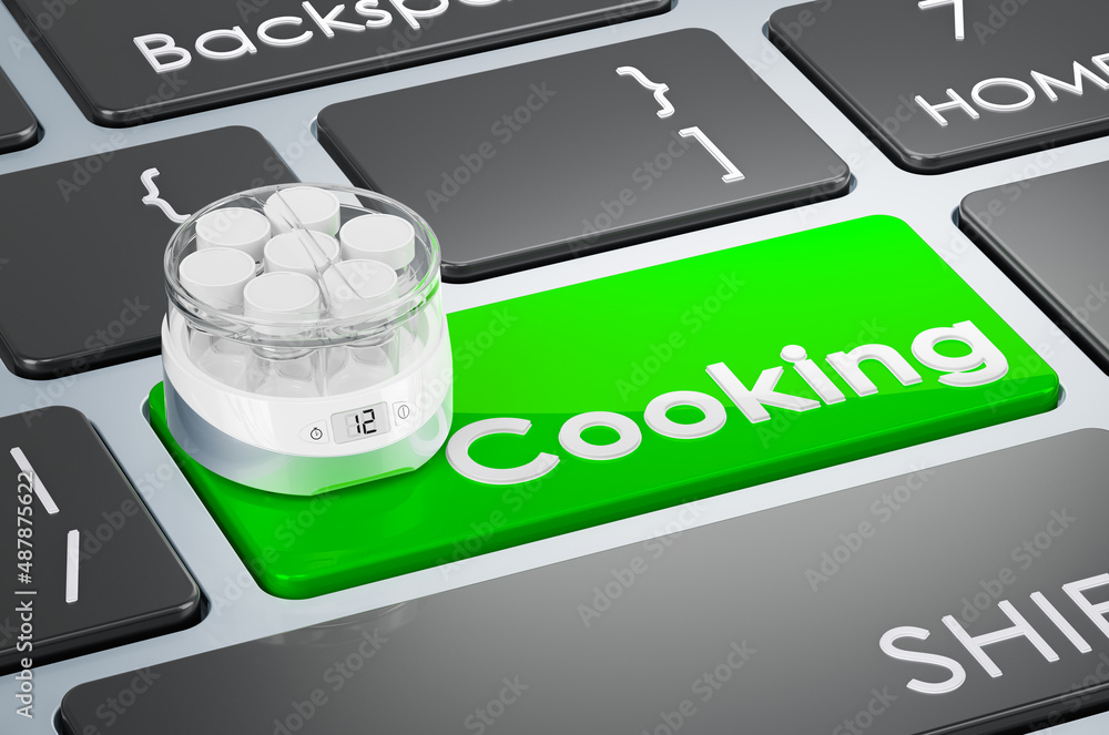 Poster cooking green key. automatic yogurt maker on keyboard. 3d rendering