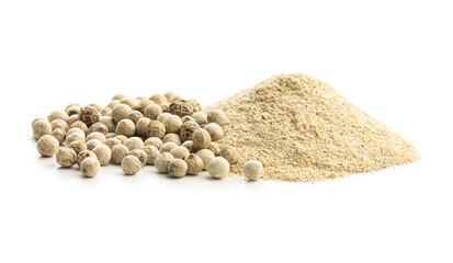 White ground pepper and whole peppercorn spice isolated on white background.