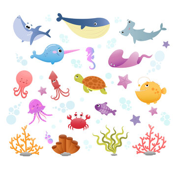 Set of cute sea creatures with bubbles and corals on white background