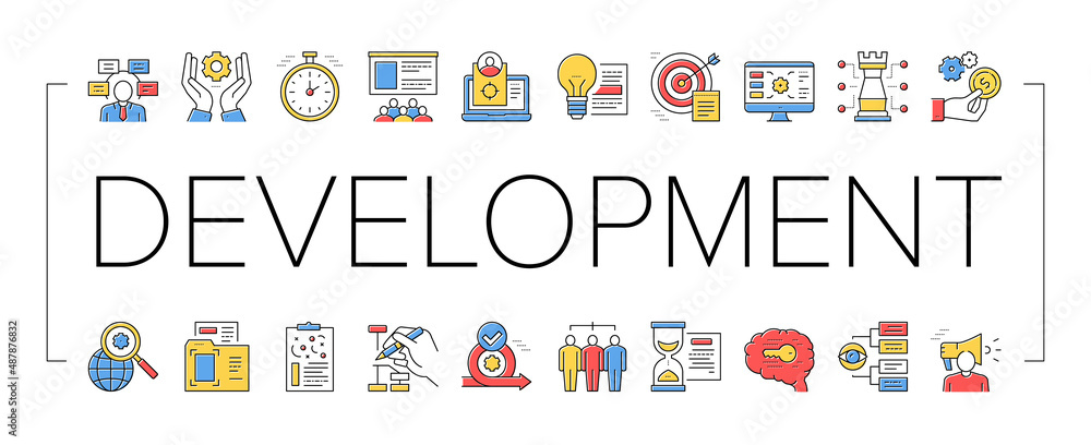 Poster project development collection icons set vector .