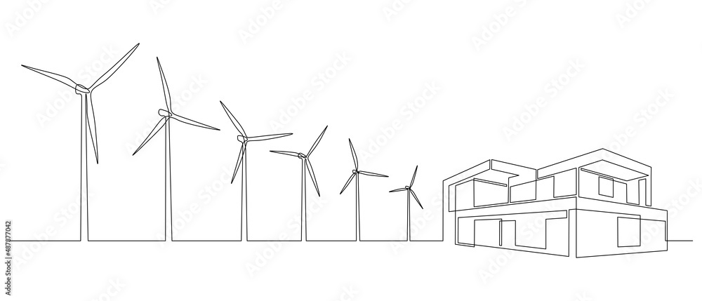 Poster wind farm turbines and windmill with modern house in one continuous line drawing. green energy and r