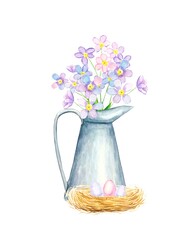 Easter composition.Hand-drawn watercolor illustration. A bouquet of flowers and a bird's nest with eggs.