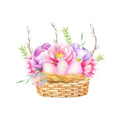 Easter composition. Basket with flowers and eggs.Hand-drawn watercolor illustration